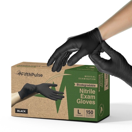 Fifthpulse Disposable Gloves, 3 mil Palm, Nitrile, L, 150 PK, Black FMN100541